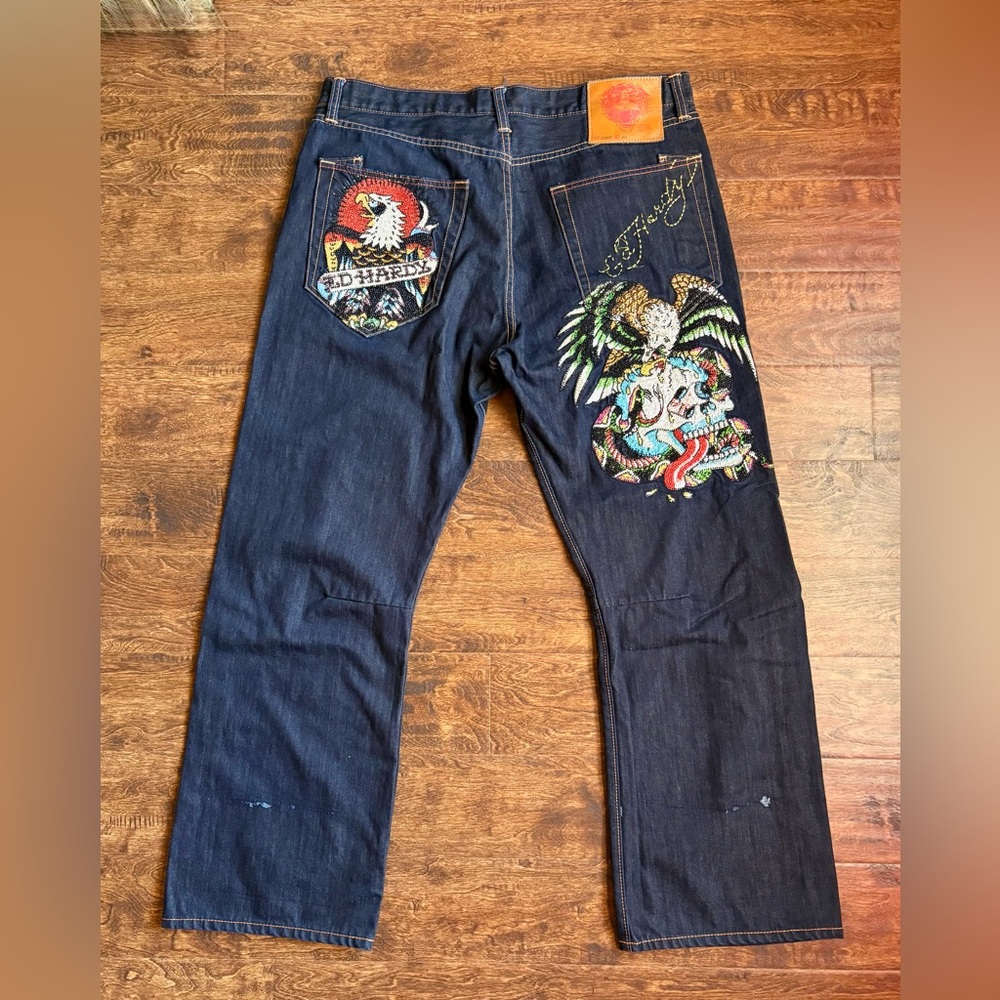 Y2K Ed Hardy Jeans 2007 Mens 40x32 Eagle Skull Rhinestones 020-09097 Dark Wash